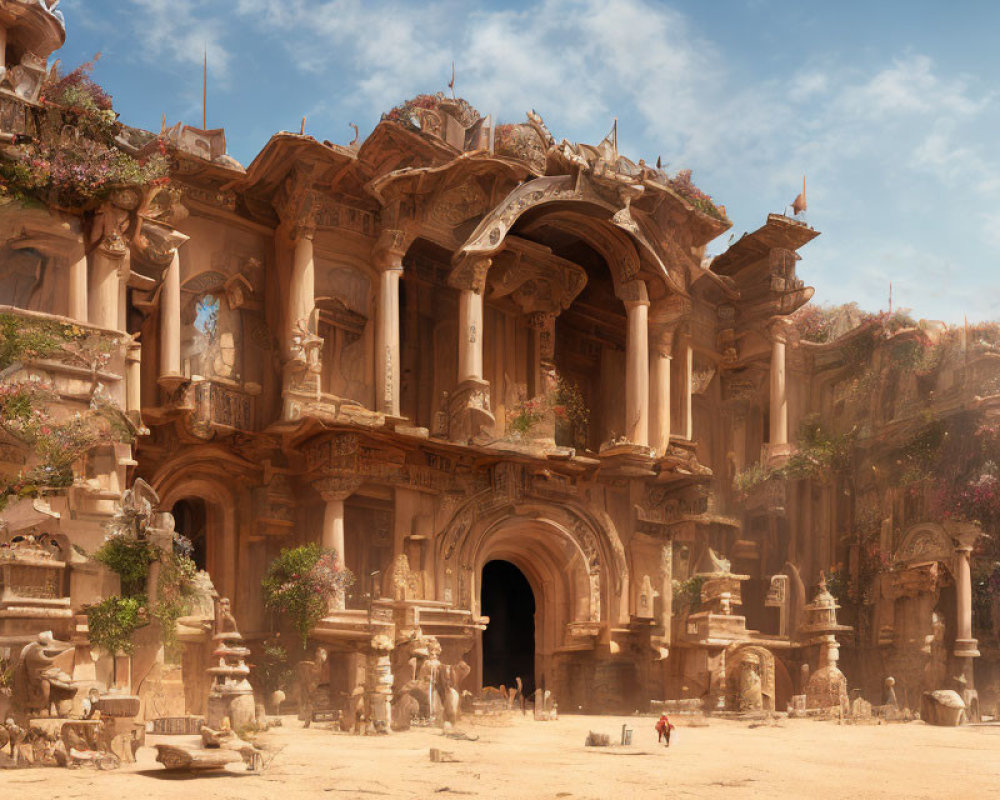 Ancient building ruins with arched entrance, greenery, statues, and people under blue sky