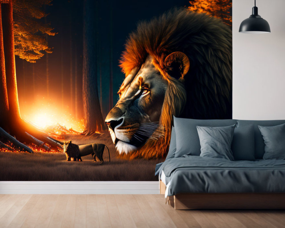 Majestic lion mural in fiery savanna above gray bed