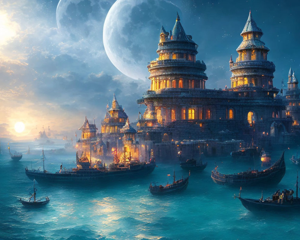 Medieval-style illuminated seaside city at dusk