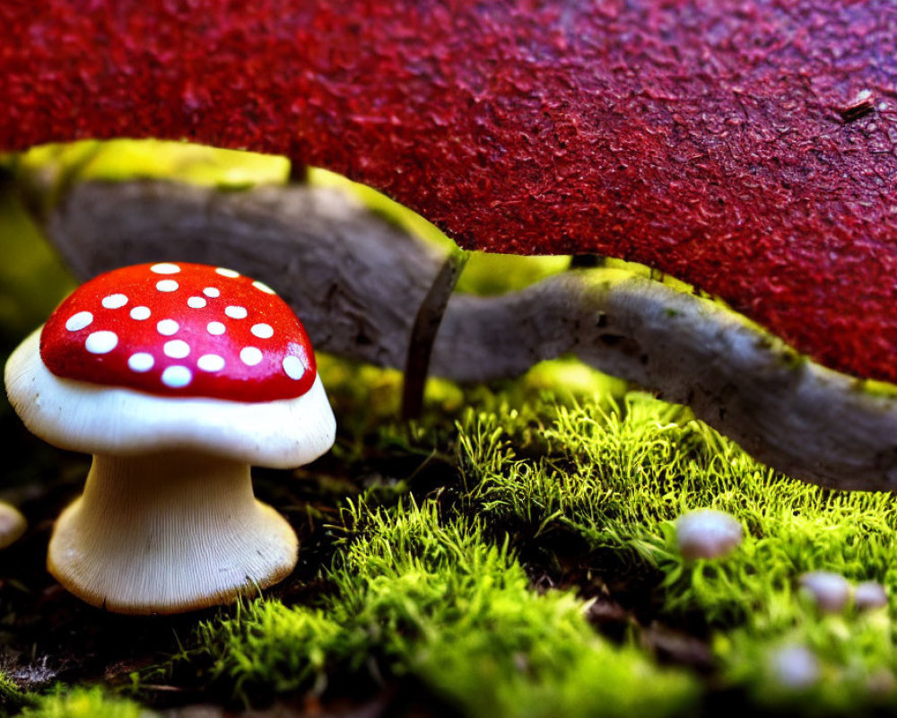 Vibrant red mushroom with white spots on green moss and bark background