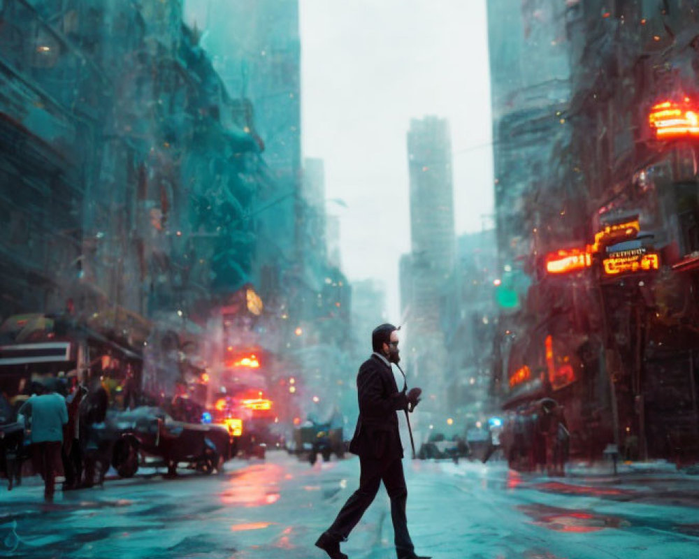 Pedestrian crossing rain-soaked urban street with cars and neon signs