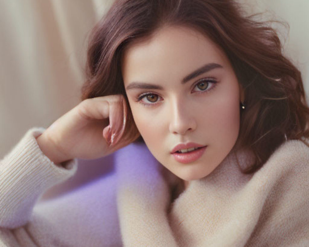 Dark-haired woman in beige sweater leaning on hand against creamy curtain backdrop