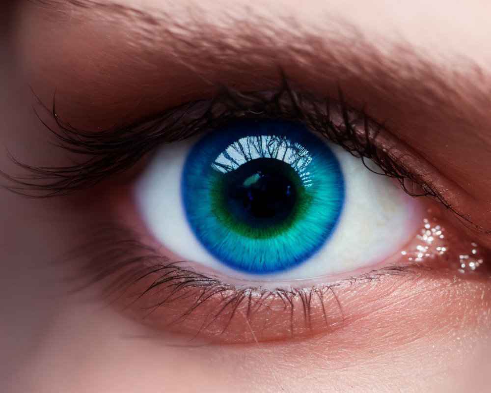 Detailed close-up of vibrant blue iris and eyelashes.