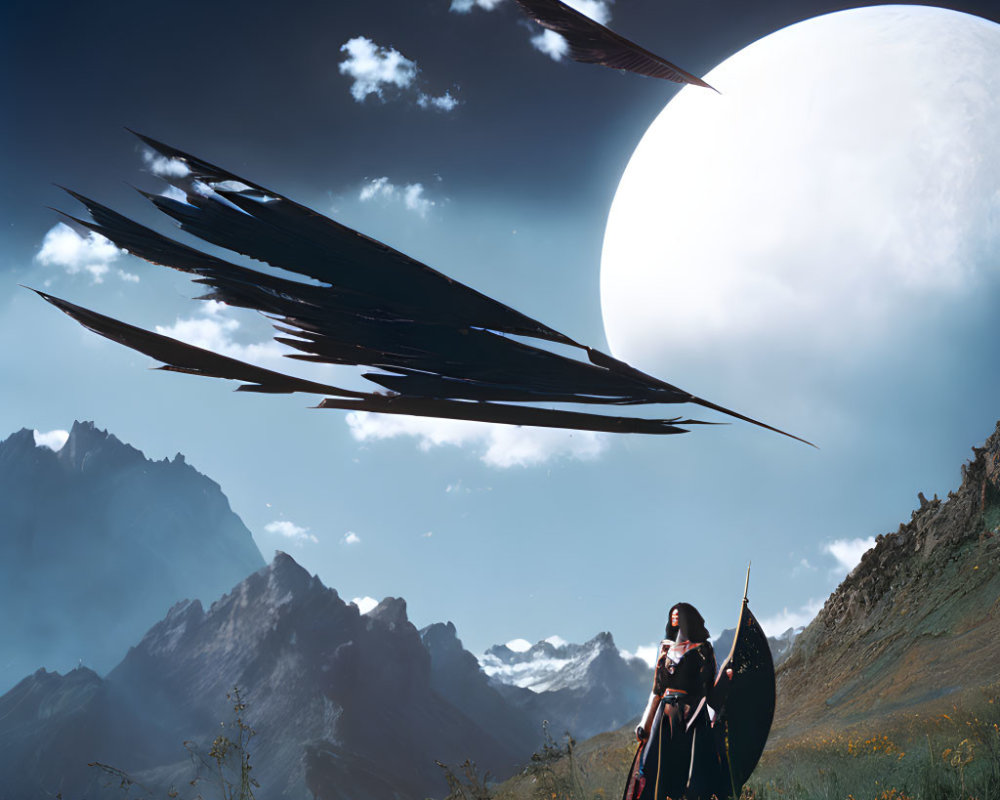 Warrior in mountain landscape under large moon with floating dark shards