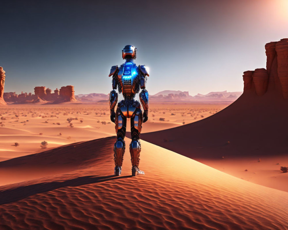 Futuristic robot with blue lights on desert sand dune at sunset