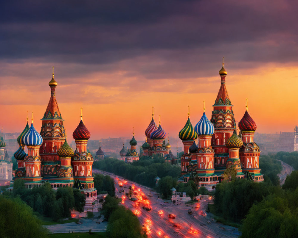 Sunset view of St. Basil's Cathedral in Moscow with vibrant skies and bustling streets