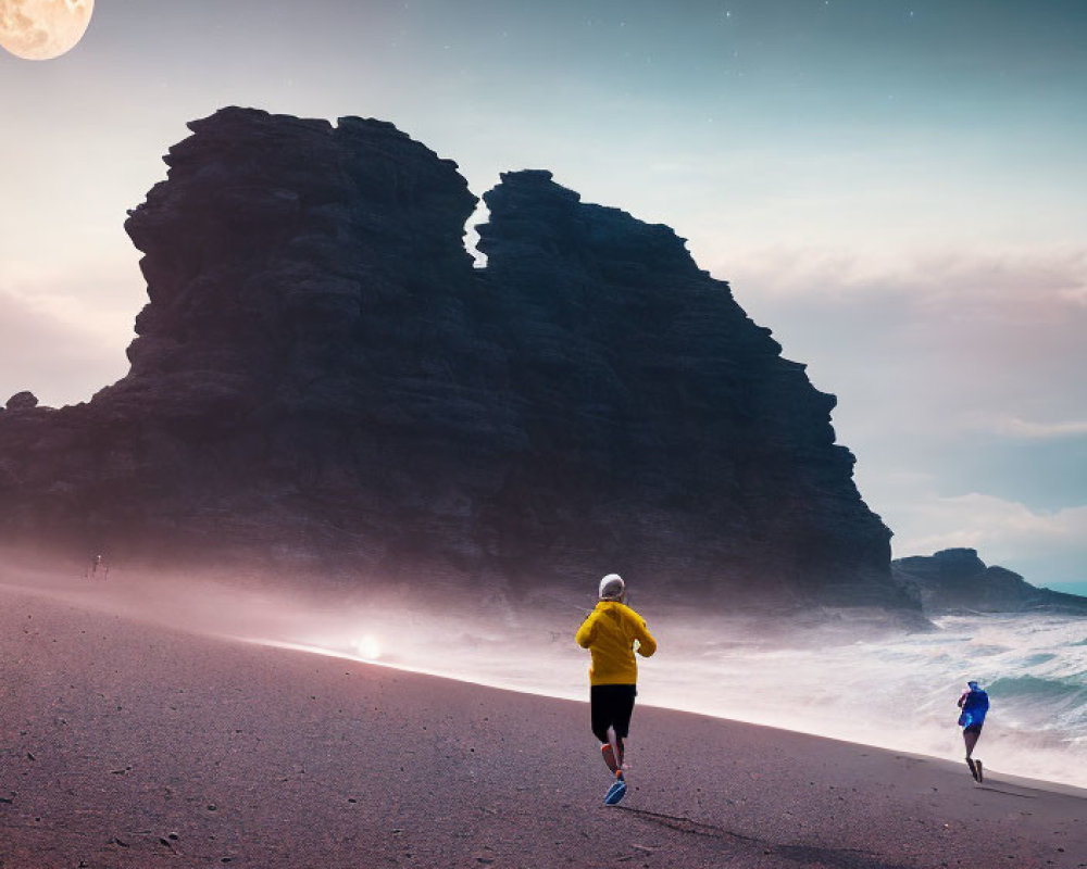 Person jogging on beach at dusk with rock formation and full moon