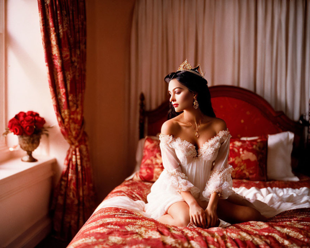 Woman in White Off-Shoulder Dress and Tiara Sitting on Red Patterned Bed