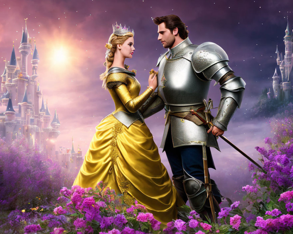 Knight and princess in flower field with castles - Fantasy scene