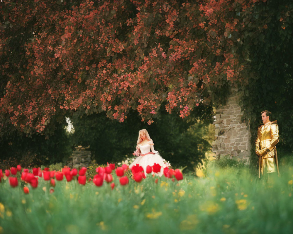 Woman in pink dress under tree with red leaves, man in gold armor, red tulips foreground