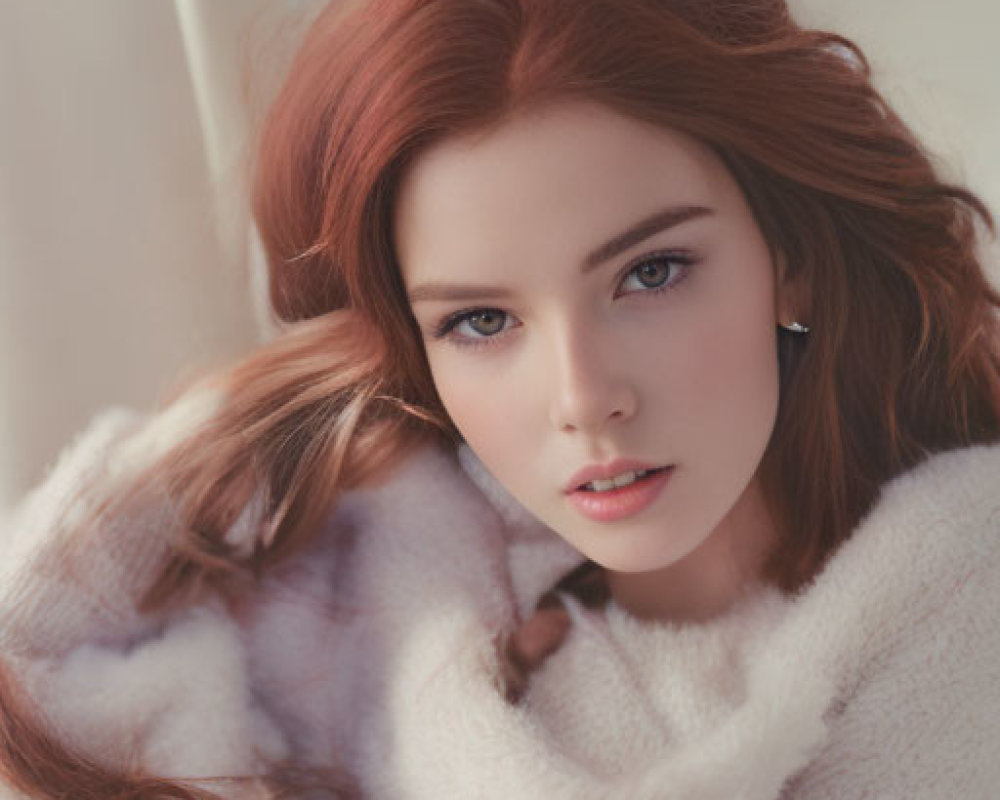 Young woman with red hair in white fuzzy sweater reclining and looking up.