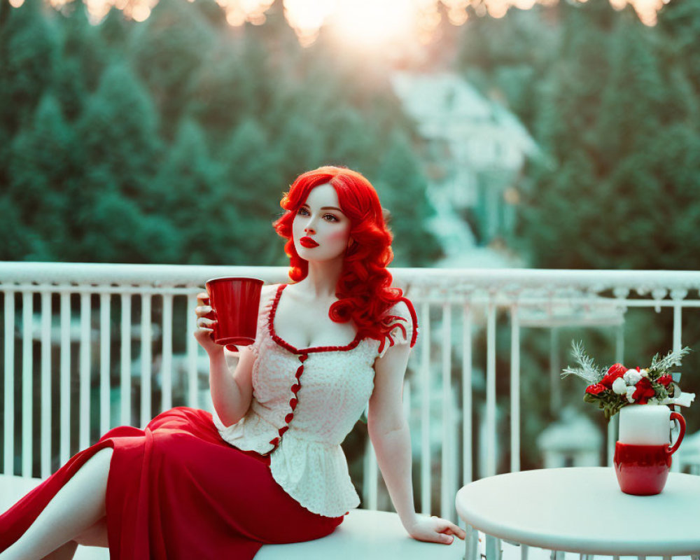 Red-haired woman in vintage dress at balcony table during sunset.