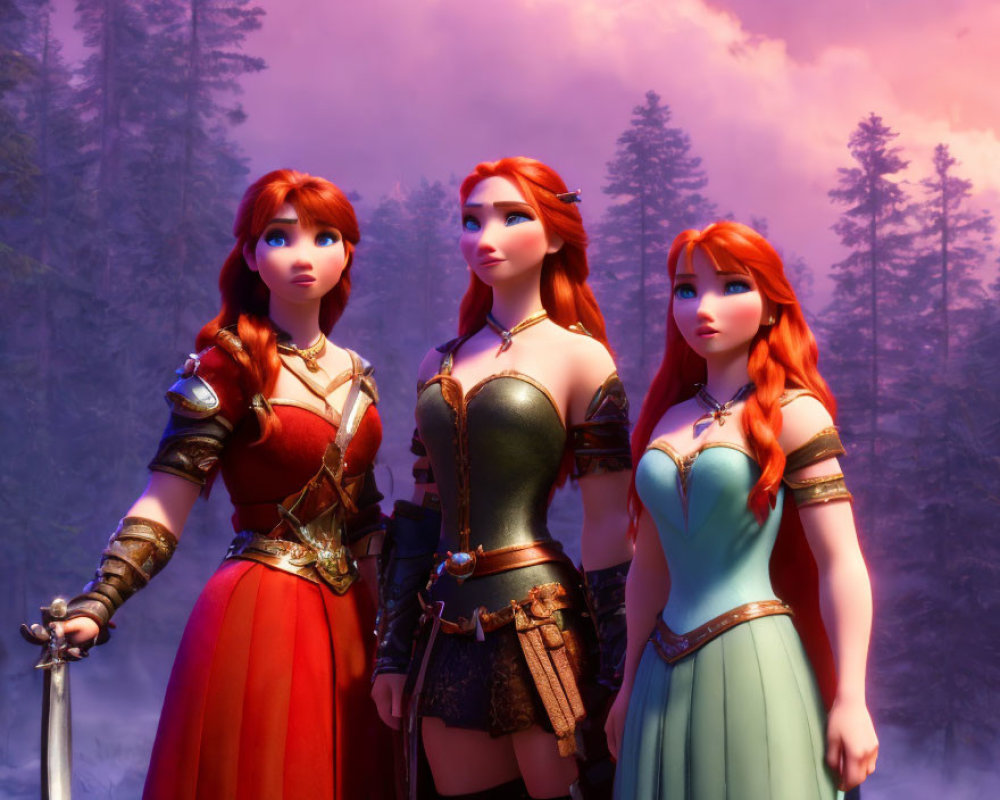 Three Female Characters with Red Hair in Medieval Attire in Mystical Forest