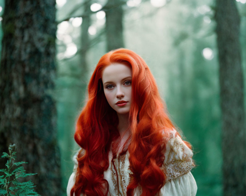 Woman with long red hair in vintage cream dress in misty forest.