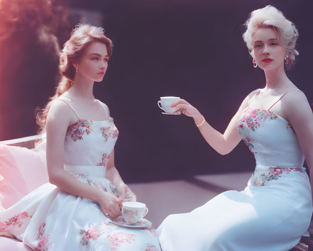 Vintage tea party with elegantly dressed women and dreamy ambiance