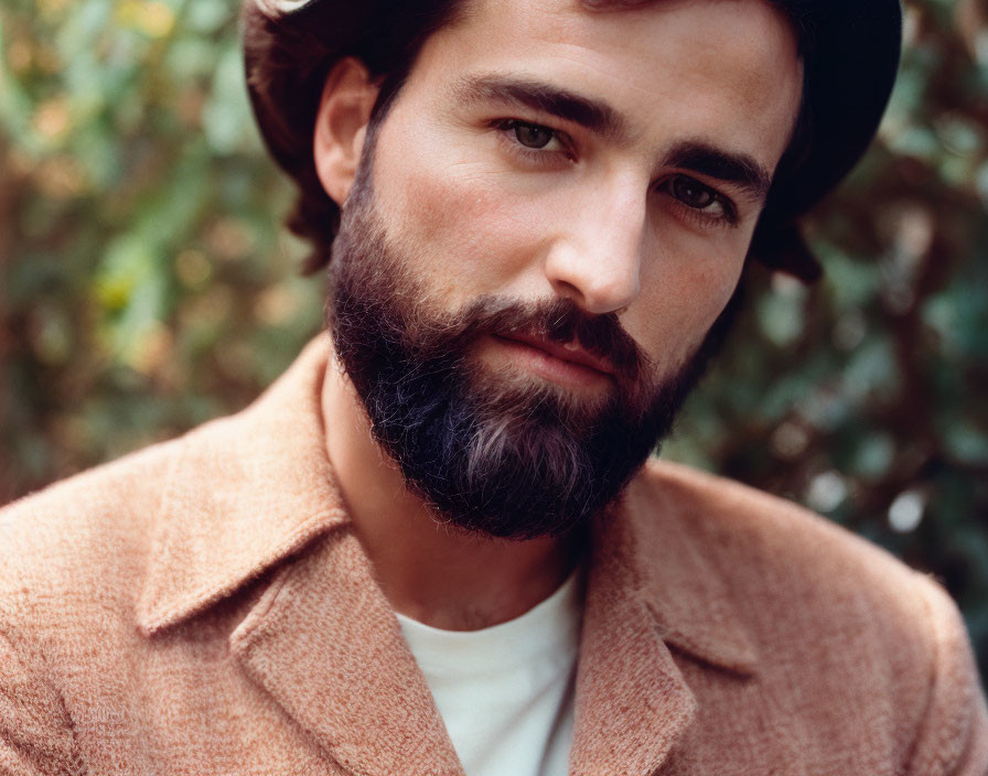 Bearded man in beige blazer gazes at camera against green foliage