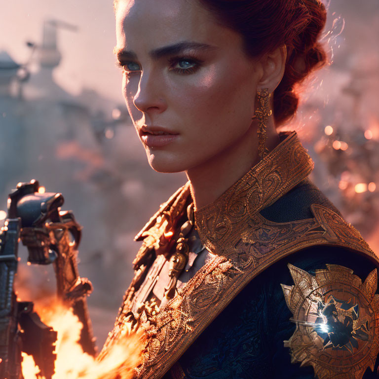 Woman with Blue Eyes and Red Hair in Detailed Armor Amid Fiery Futuristic Setting