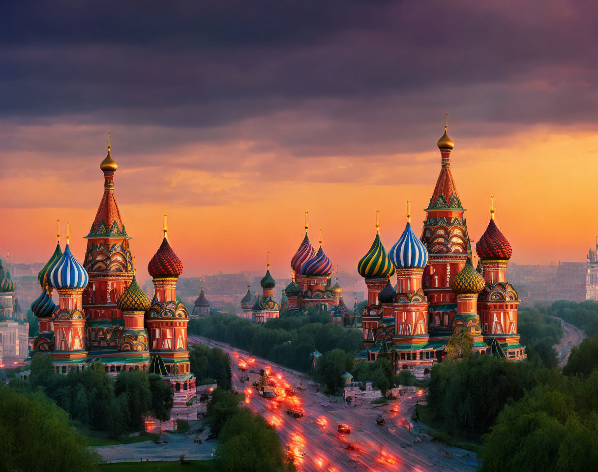 Sunset view of St. Basil's Cathedral in Moscow with vibrant skies and bustling streets