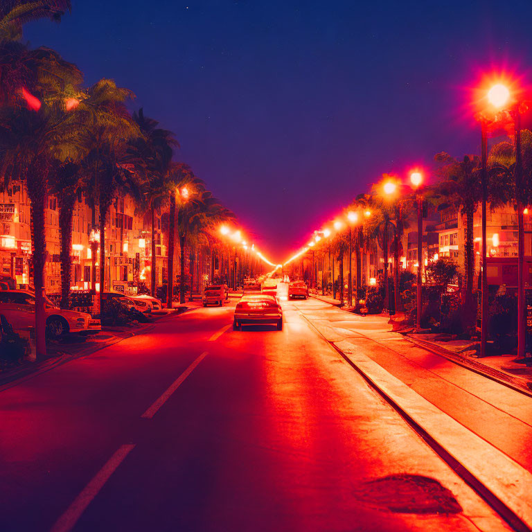 Night Street Scene with Palm Trees and Red Streetlights Under Blue Sky