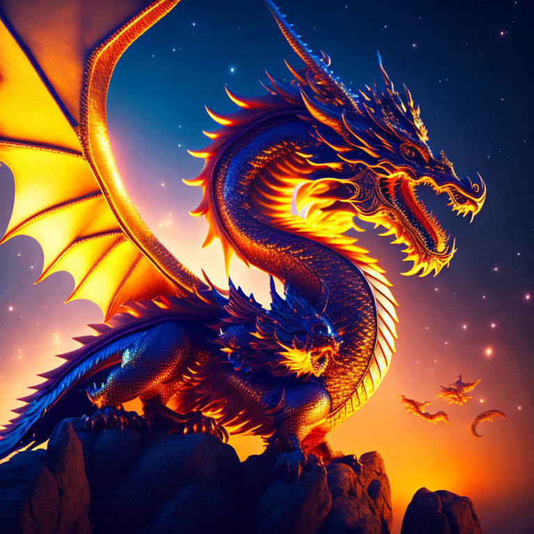 Majestic glowing golden dragon perched under starry sky