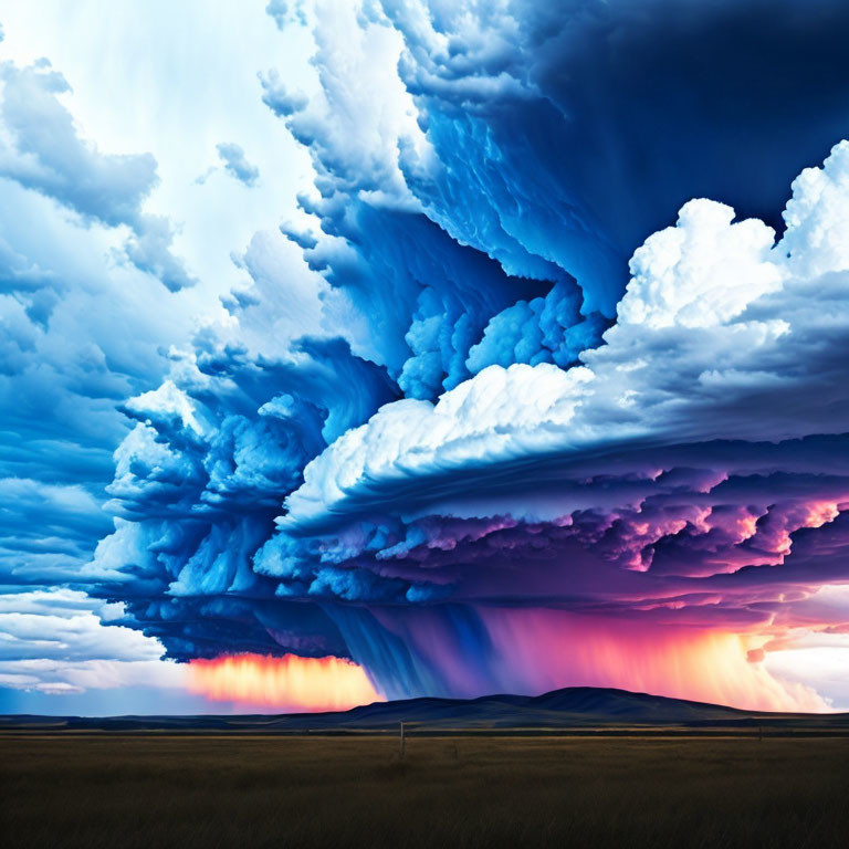 Dramatic thunderstorm with shelf cloud, lightning, and colorful sunset hues