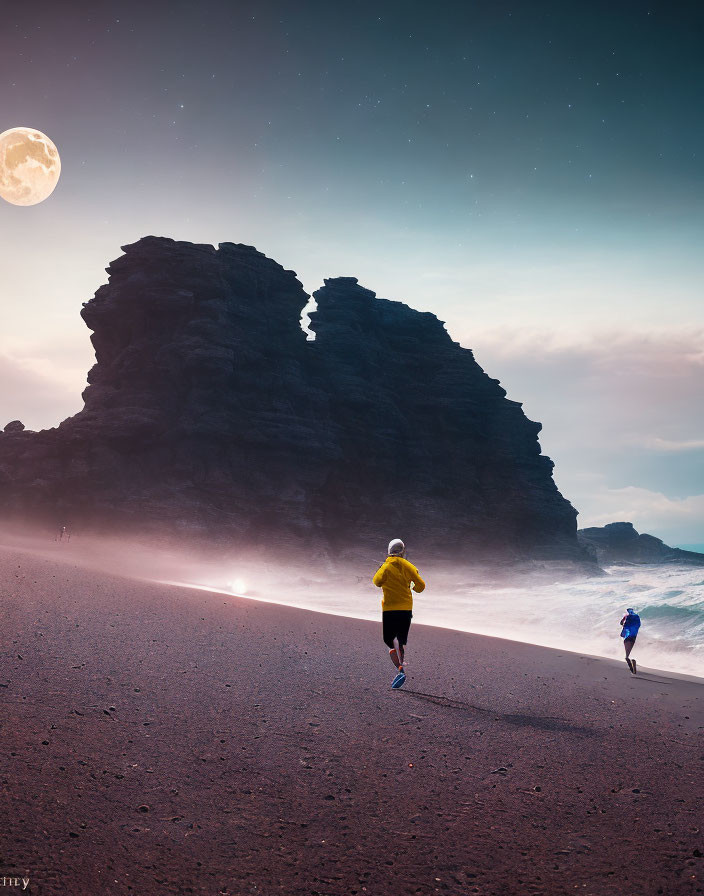 Person jogging on beach at dusk with rock formation and full moon