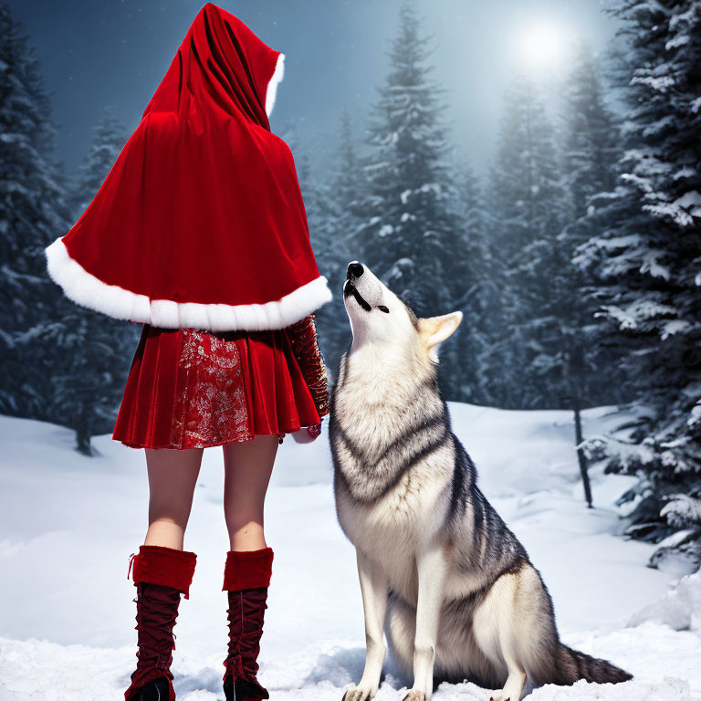 Person in Red Hooded Cloak With Husky Dog in Snowy Woods