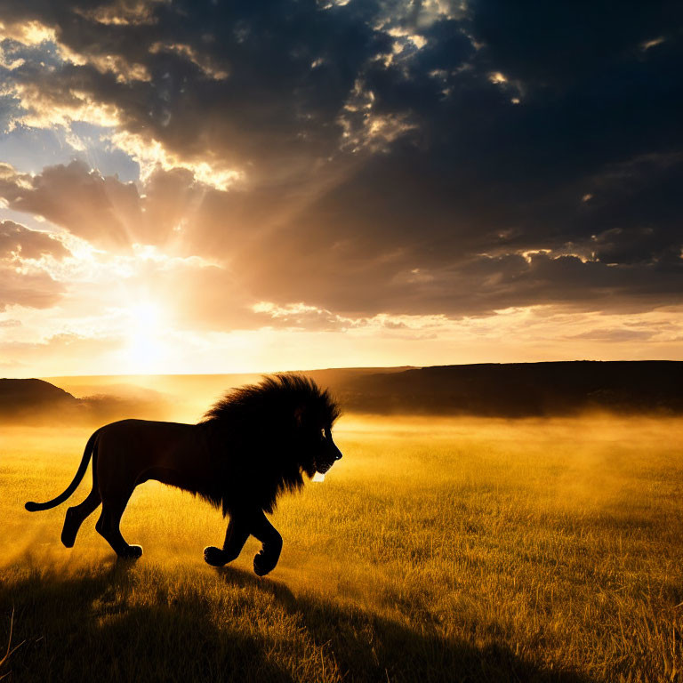 Majestic lion on misty savanna at sunrise