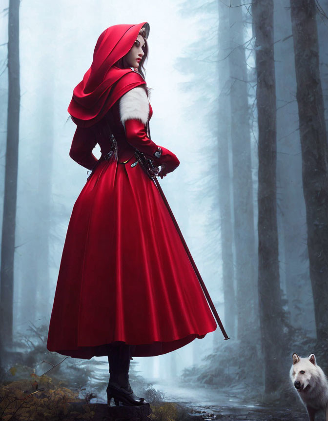 Woman in red cloak with white wolf in misty forest