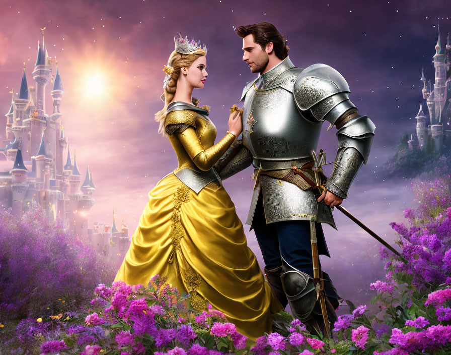 Knight and princess in flower field with castles - Fantasy scene