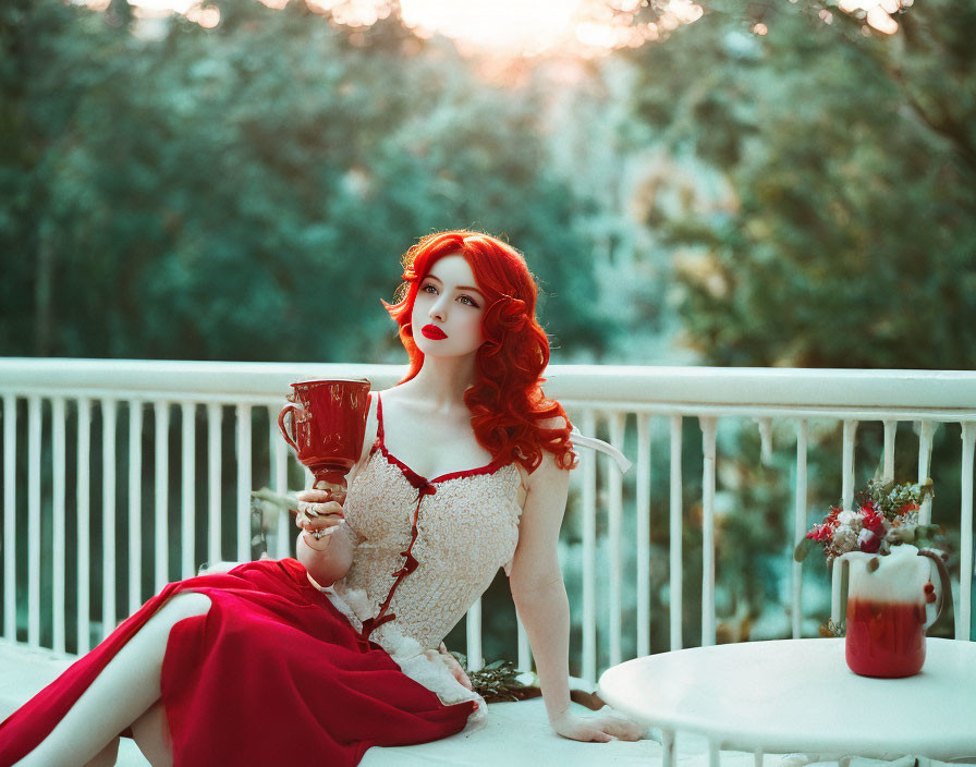 Red-haired woman in red dress with large cup on balcony railing