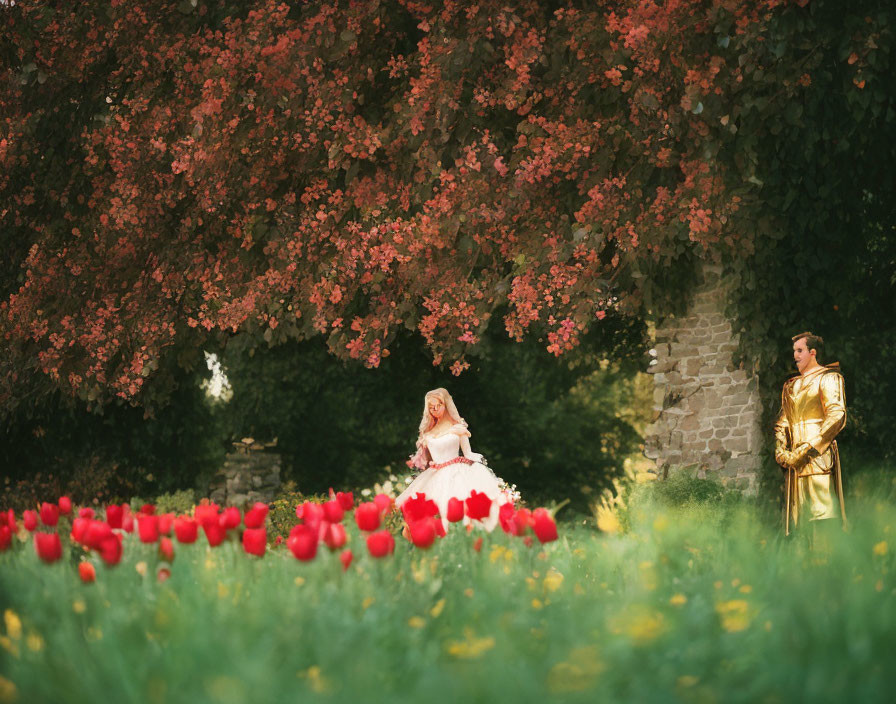 Woman in pink dress under tree with red leaves, man in gold armor, red tulips foreground