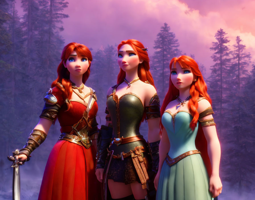 Three Female Characters with Red Hair in Medieval Attire in Mystical Forest