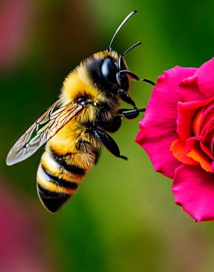 Close-up of bumblebee in flight near vibrant red rose with yellow and black striped body.