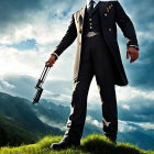 Confident man in blue suit with gun against mountain backdrop