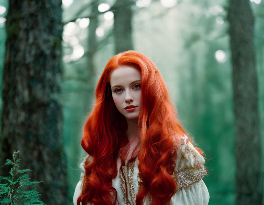 Woman with long red hair in vintage cream dress in misty forest.