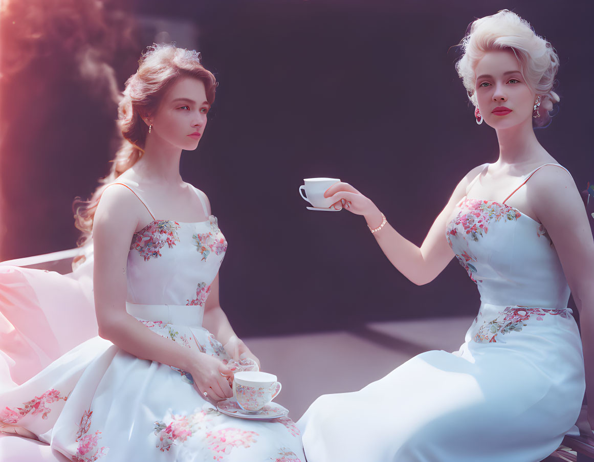 Vintage tea party with elegantly dressed women and dreamy ambiance