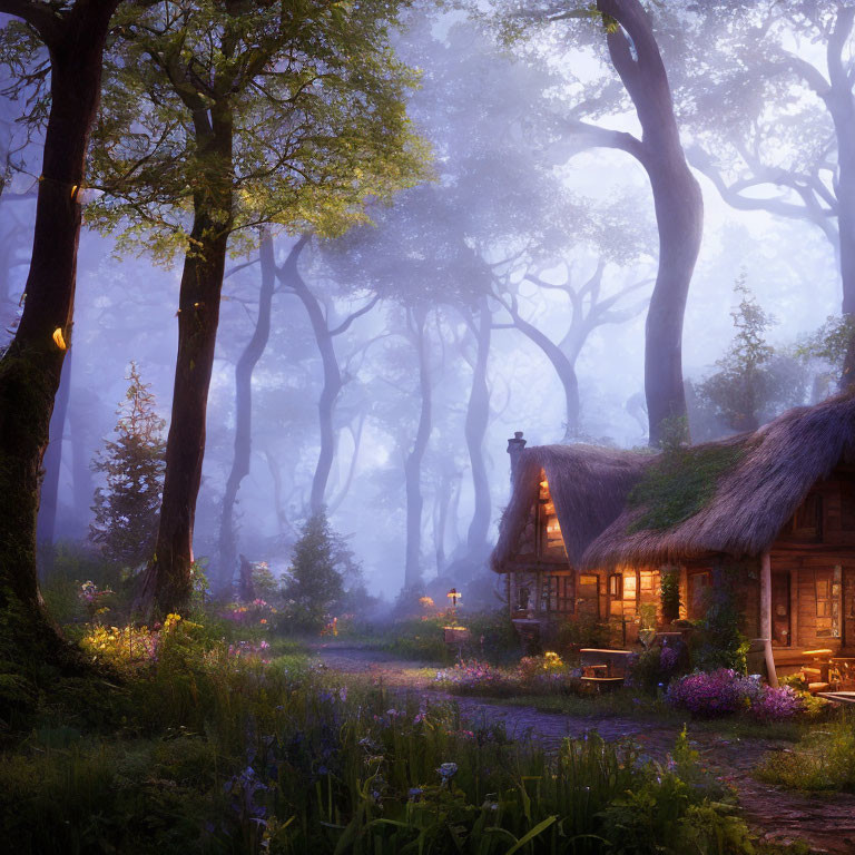 Tranquil twilight forest path with thatched-roof cottage