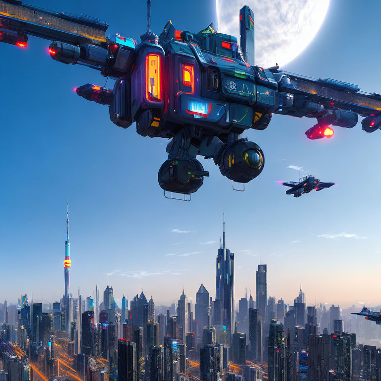 Futuristic aircrafts over modern cityscape with skyscrapers at twilight