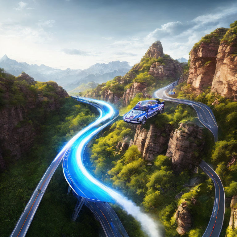 Blue sports car racing on futuristic glowing track through mountainous landscape