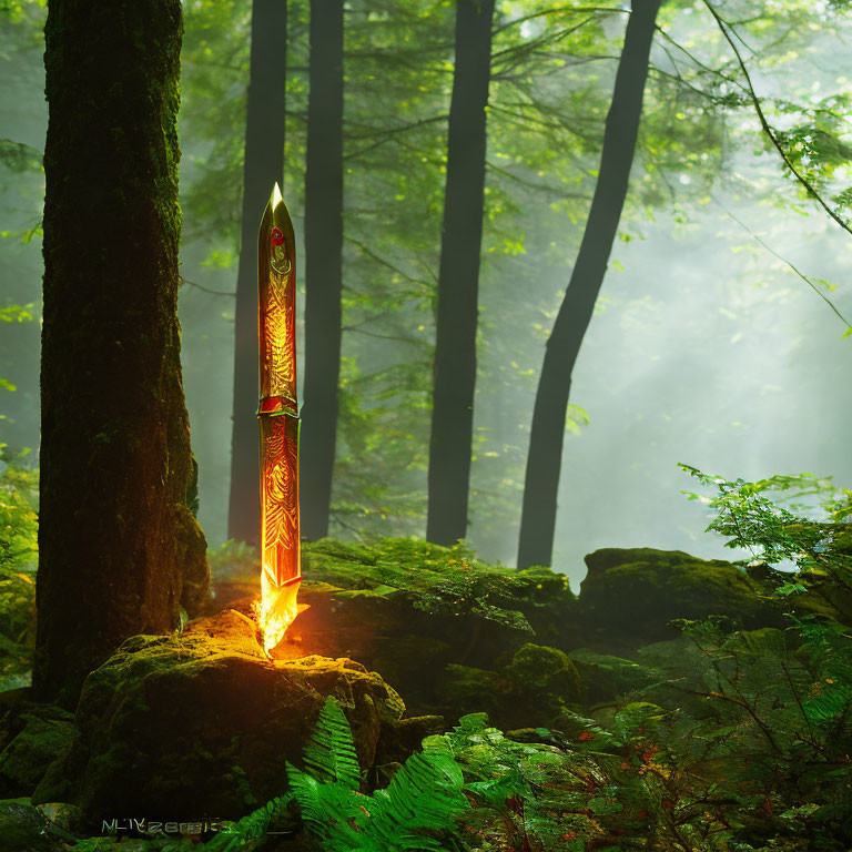 Elaborate mystical sword in glowing light among foggy forest