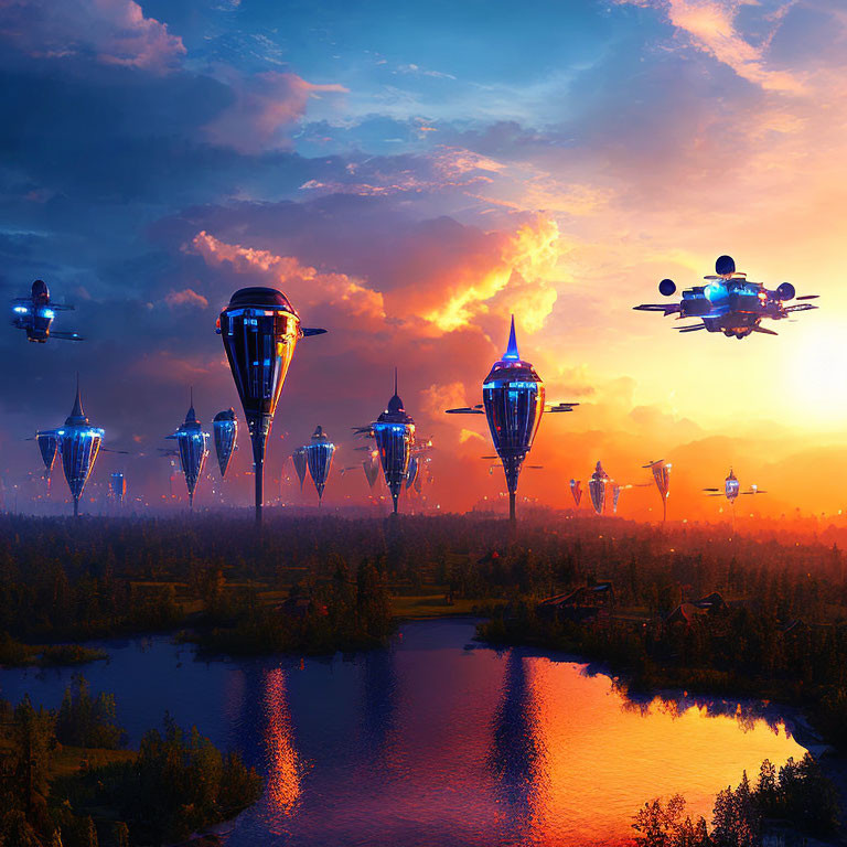 Futuristic flying vehicles over lush sunset landscape with orange skies.