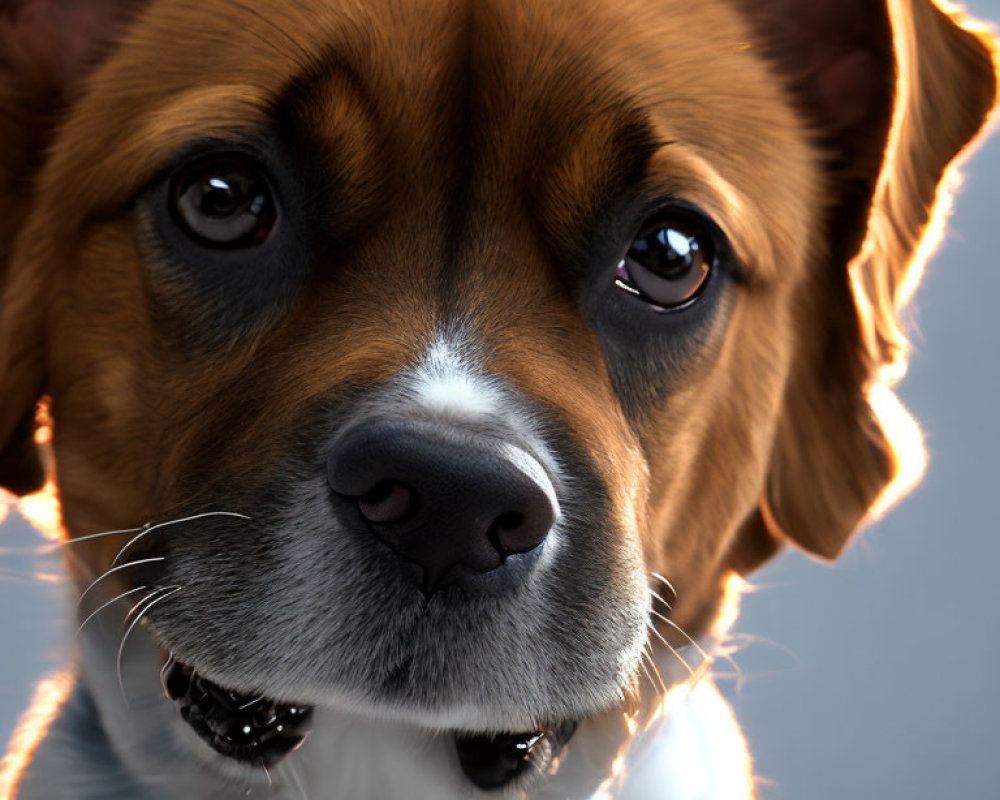 Brown and White Dog with Soulful Eyes and Shiny Coat in Soft-lit Setting