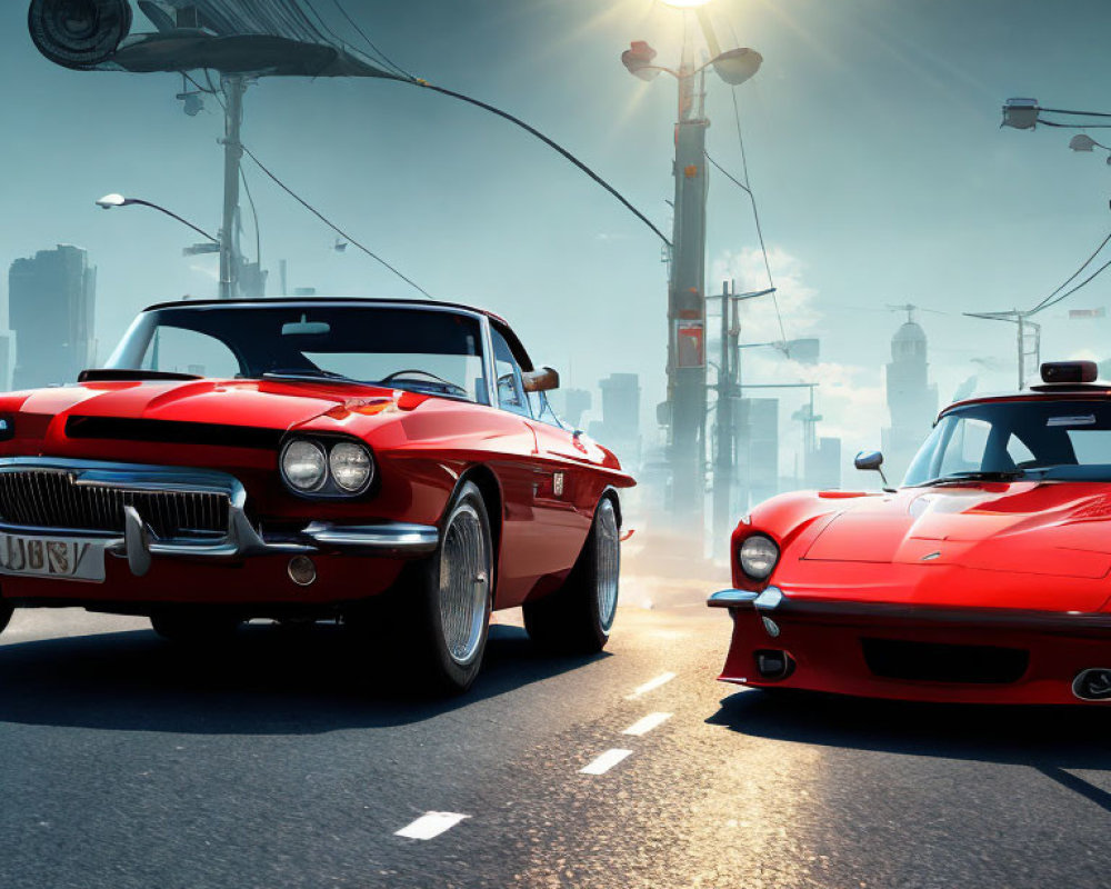 Vintage cars racing in urban setting with city skyline and traffic light.