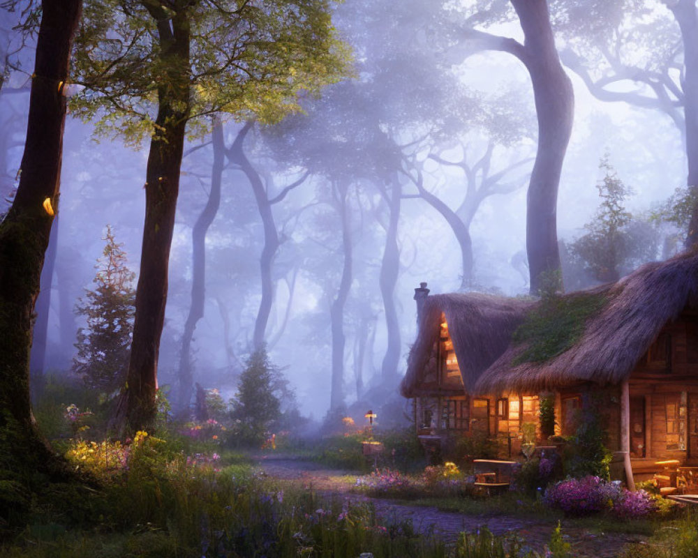 Tranquil twilight forest path with thatched-roof cottage