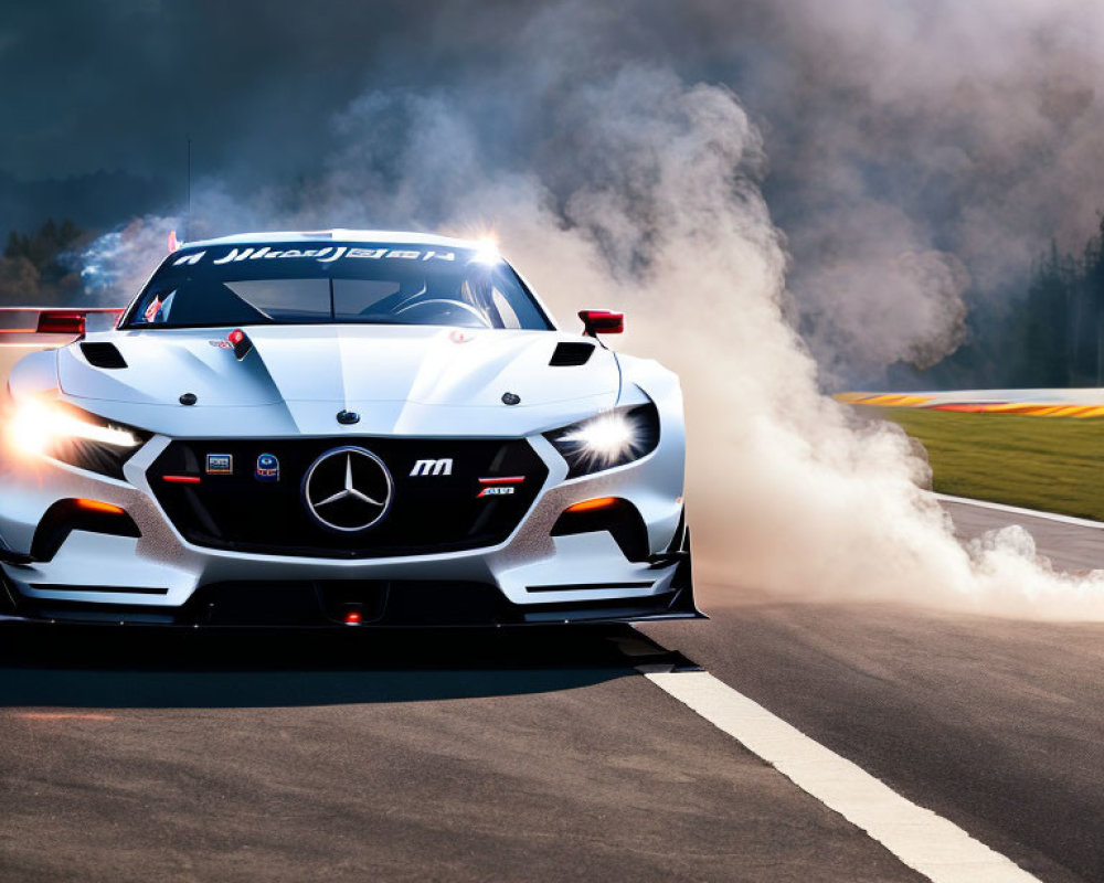 Mercedes race car accelerating with tire smoke on track