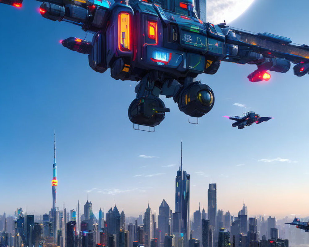 Futuristic aircrafts over modern cityscape with skyscrapers at twilight