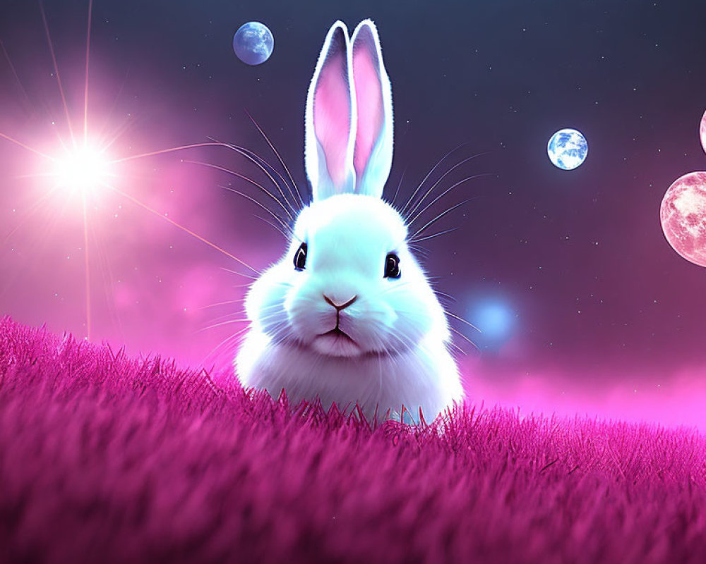 Fluffy white rabbit in pink field under purple sky with glowing orbs