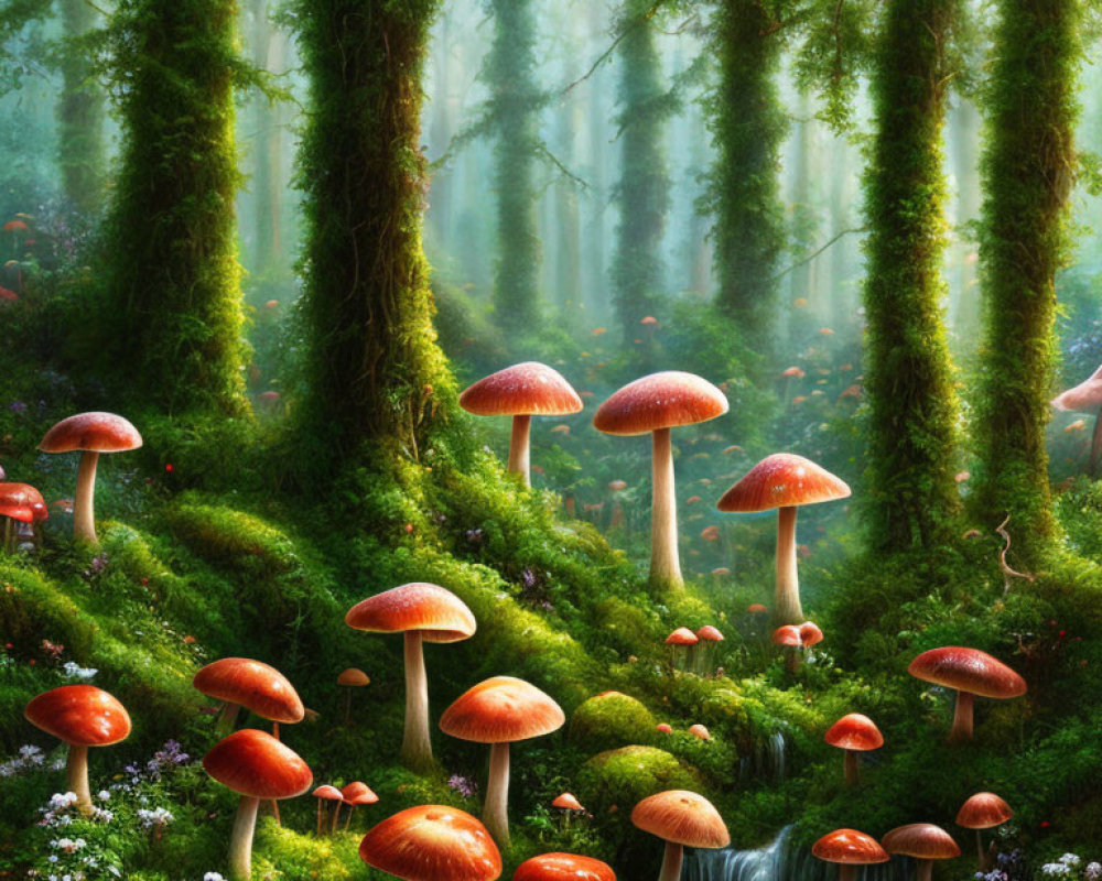 Moss-Covered Trees, Red-Capped Mushrooms, Waterfall in Lush Forest