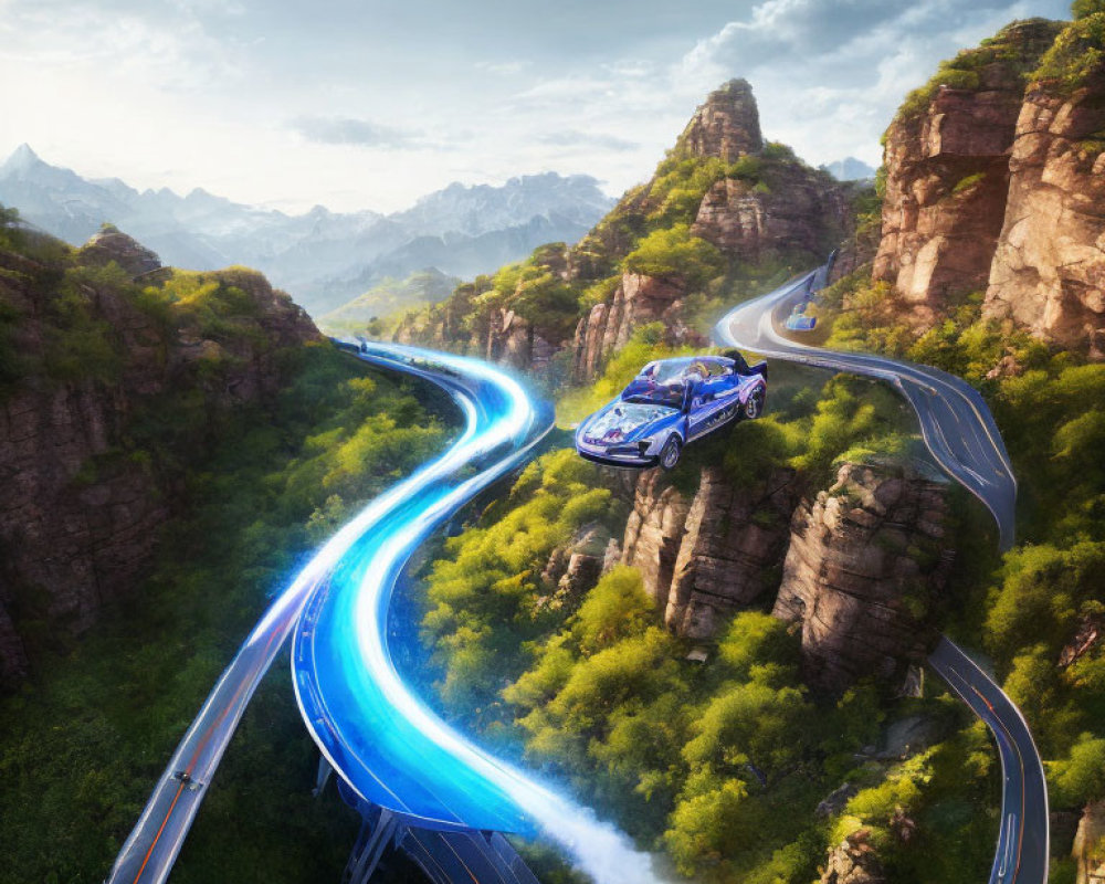 Blue sports car racing on futuristic glowing track through mountainous landscape